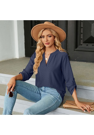 Sones Düz Renk Jakarlı V Yaka Düğmeli Üç Çeyrek Kol Bol Tişört Üst Lacivert