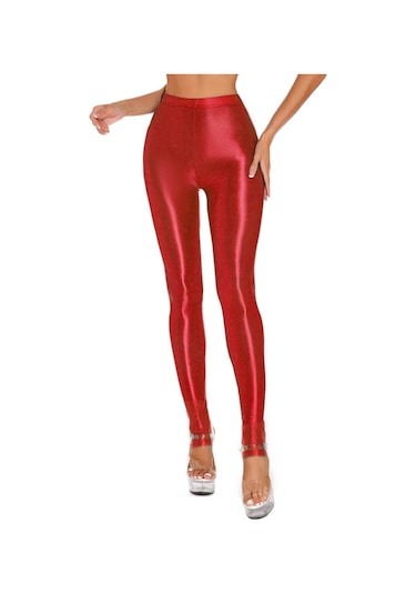 Kadın Parlak Üzengi Tayt Yüksek Bel Elastik Bel Tayt Spor Salonu Yoga Egzersiz Pantolonları Karın Kontrol Spor Pantolonları Kırmızı