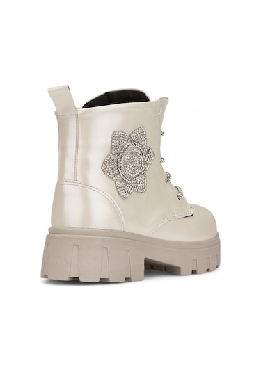 Günlük Çocuk Bot Rugan Çiçekli Taşlı Bağcıklı Fermuarlı Rugan Kalın Tıtrıklı Taban Bootie 600 Bej Rugan Bej