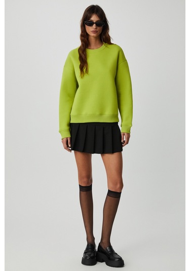 VANELTINA Kadın İçi Polarlı 3 İplik Organik Pamuk Oversize Basic Bisiklet Yaka Fıstık Yeşili Sweatsh