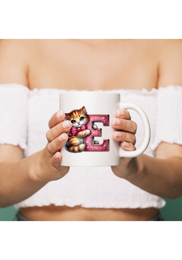 E Harfli Bardak, Sevimli Kedili Pembe Tasarım Bardak, Arkadaşa Aileye Hediye Porselen Beyaz