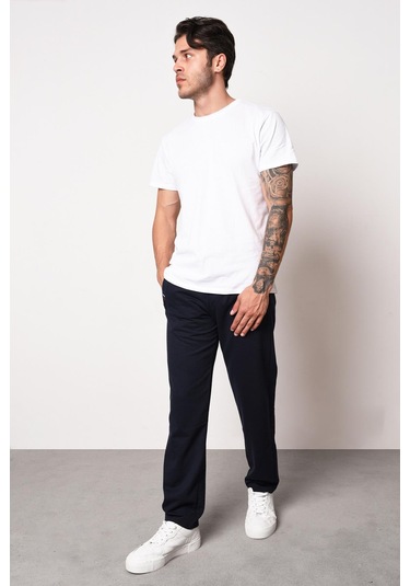 Erkek Gri Fermuar Cep Nakış Detaylı Düz Paça Rahat Kesim Eşofman Altı Lacivert