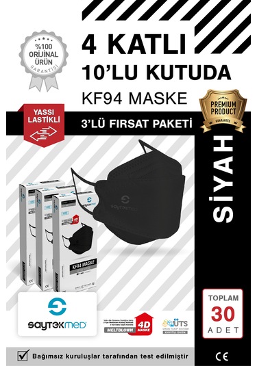 Kf94 Kore Tipi, 4 Katlı, Siyah Maske, Uv Steril 3 Kutu/ 30 Adet