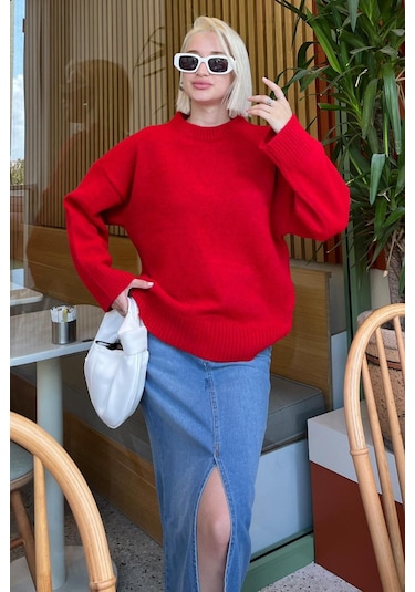 Madmext Madmext Bisiklet Yaka Oversize Triko Kazak MG1972 Kırmızı