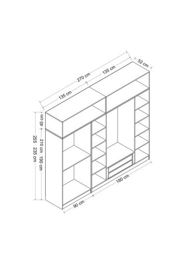 Minar Kale 6 Kapaklı 2 Çekmeceli Dolap Ve Yüklük Beyaz Antrasit 255cm