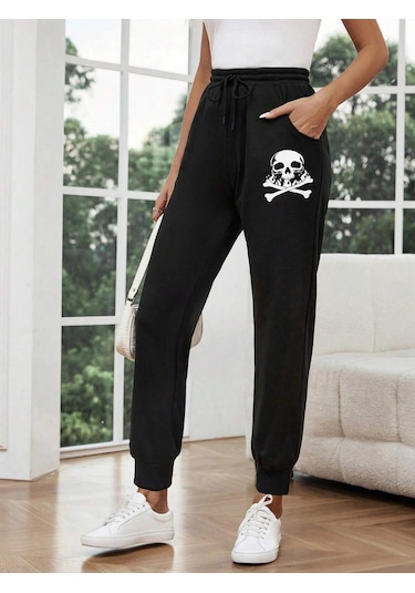 Lune Halloween Skull Print Drawstring Waist 4 Mevsim Eşofman Siyah