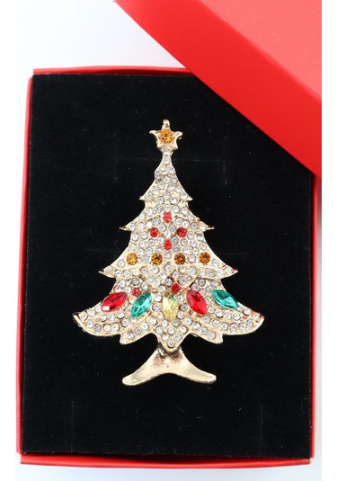 Zirkon Taşlı Cam Ağacı Broş. Gold Çam Ağaçlı Yaka İğnesi Broş. Kadın Erkek Broş. Çam Ağacı Broş Çok Renkli