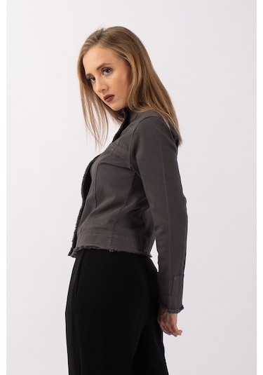 Bold & Young Kadın Yağ Yeşili Power Strech Çıt Çıtlı Slim Fit Denim Ceket Antrasit