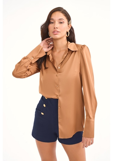 Sateen Vatkalı Saten Gömlek - Camel