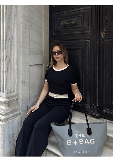 Crop Pantolon Biyeli Takım Siyah Siyah