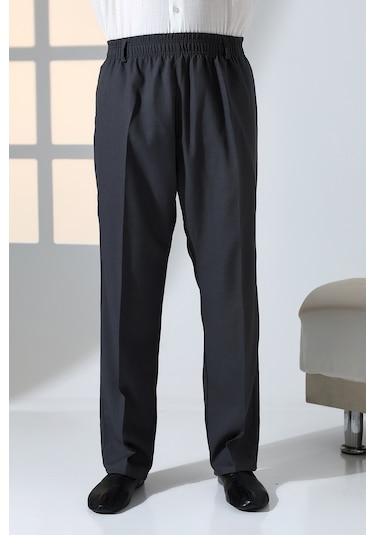 Erkek Rahat Kesim Beli Lastikli Cepli Hac Ve Umre Kumaş Şalvar Pantolon - Füme İsr Füme