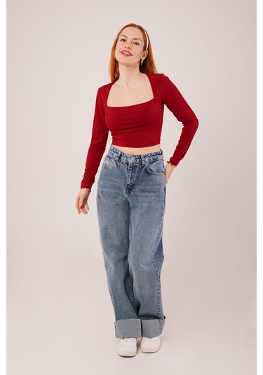 Gülsüm Aydın Kare Yaka Basic Bordo Bluz Bordo