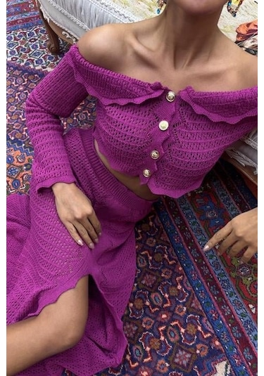 Madonna Yaka Derin Yırtmaç Etekli Şık Triko Takım 10099 Mürdüm