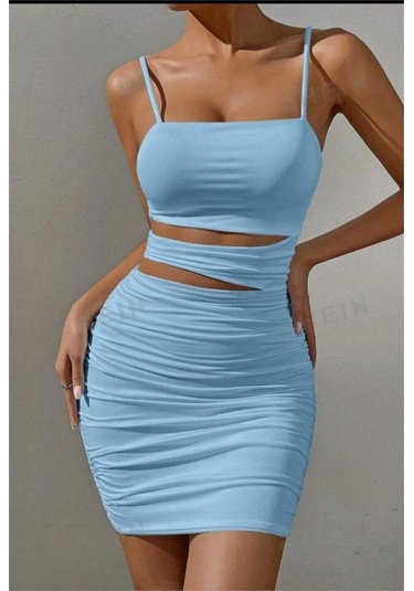 Bebe Mavisi Tasarım Bel Dekolteli Askılı Mini Elbise-bebe Mavisi