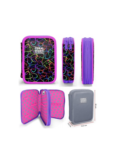 Coral High Kalp Baskılı Siyah Pembe Kız Çocuk Okul Çantası Ve Organizer Kalemlik Seti 23670+11145 Siyah - Pembe