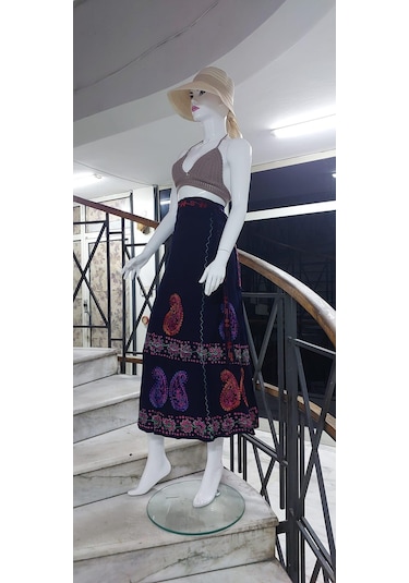 Hint Batik Çiçek Desenli Ve İşlemeli Uzun Hint Anvelop Etek Lacivert