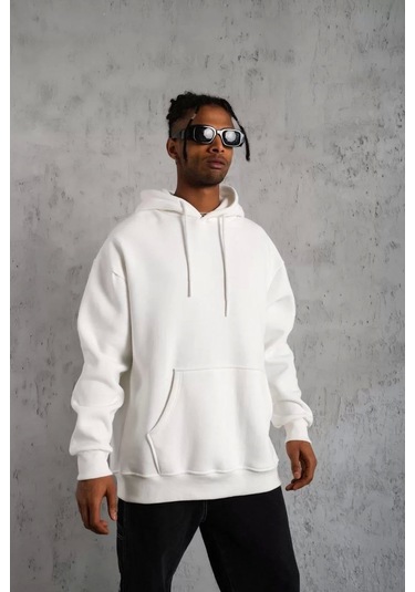 Erkek Düz Kapüşonlu Sweat - Beyaz Beyaz
