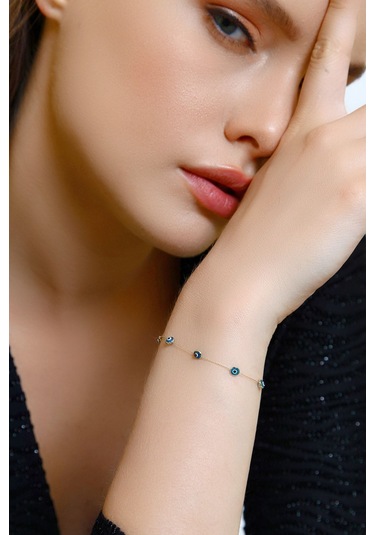 Altın Göz Bileklik Tamamı Nazar Boncuklu - 19 Cm / Sarı Sarı Altın