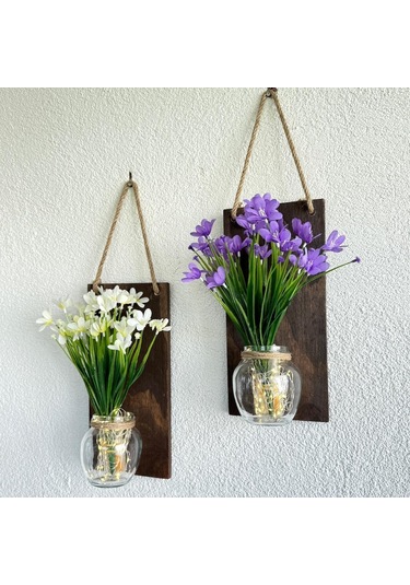 Led Işıklı, Lila Ve Beyaz Nergis Çiçekli Duvar Dekoru Ceviz İkili Set Ceviz