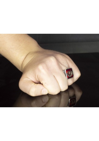 925 Ayar Gümüş Erkek Yüzük - Ay Ve Yıldız İle Oluşturulmuş Granat Taşı Gümüş