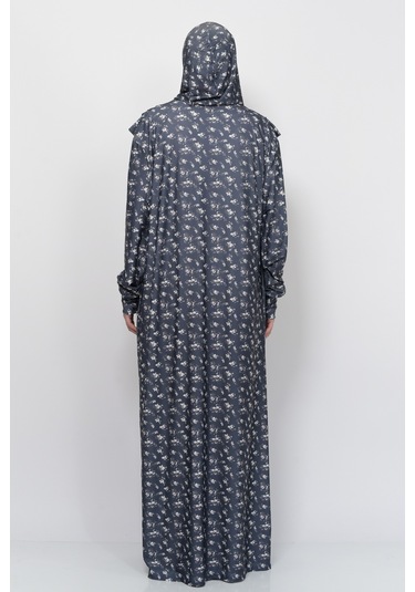 Pratik Tek Parça Çiçek Desenli Kollu Tak Çıkar Başörtülü Likralı Tesettür Namaz Elbisesi 990-0201 Siyah Antrasit