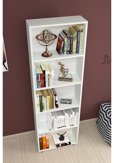 Bofigo Dekoratif 5 Raflı Kitaplık Modern Kitaplık Çınar Beyaz