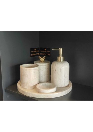 Bej Mermer Gold Transparan Kelebek Aksesuarlı 5'li Banyo Seti Gold