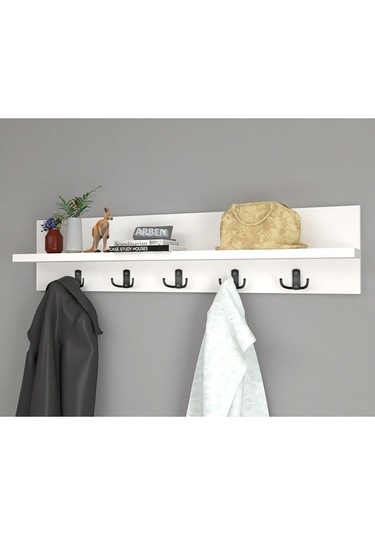 Ahşap Raflı Duvar Askılığı 5 Kancalı Portmanto Askı Anahtarlık Askısı Banyo Giriş Hol İçin 70 Cm Beyaz