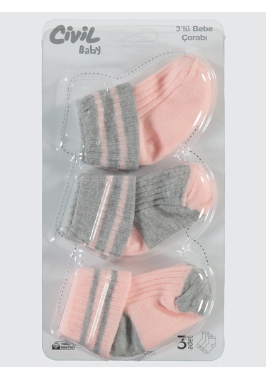 Civil Baby Kız Bebek 3'lü Çorap Set 0-24 Ay Pembe Pembe