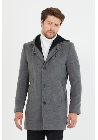 Erkek Gri Yün Karışımlı Kaşe Kapüşonlu Önü Fermuarlı Kaban-Gri