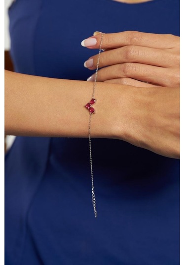 Roza Silver Yakut Taşlı Rodyum Kalp Minimal Gümüş Bileklik