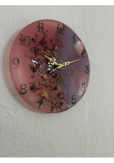 Pelince - Pembe Mor Tomurcuk Güllü Epoksi Duvar Saati Özel Tasarım - Tek Üretim - 30 Cm Pembe