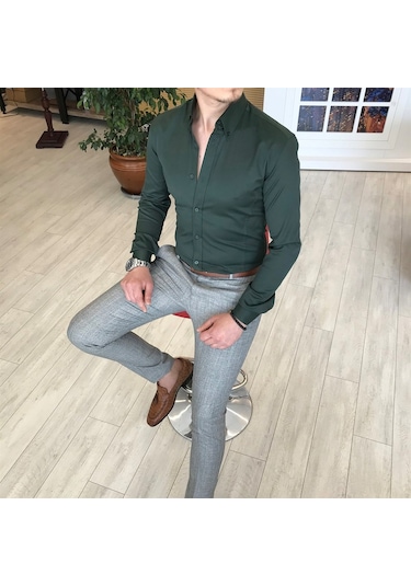 Italyan Stil Slim Fit Dik Yaka Saten Erkek Gömlek Yeşil T4743