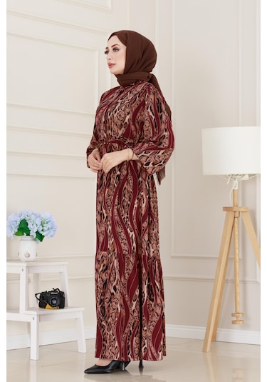 Sevitli Leopar Desenli Beli Tünelli Viscon Elbise-bordo-5087 Bordo
