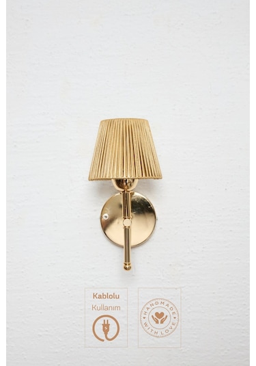 Parlak Gold Deri Kablolu Duvar Aydınlatması Aplik - Alt Parlak Gold Altın