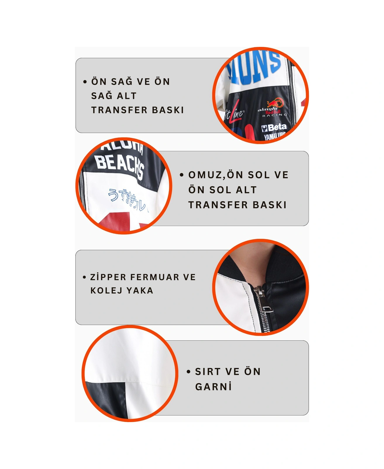 Kadın Oversize Baskılı Deri Motorcu Montu Fermuarlı Yarışçı Ceket Astarlı Bomber Kolej Mont Beyaz