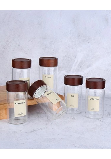 Mien Men 70913 Ahşap Kapaklı Cam Baharat Seti 300 Cc 6'lı Kahverengi-şeffaf