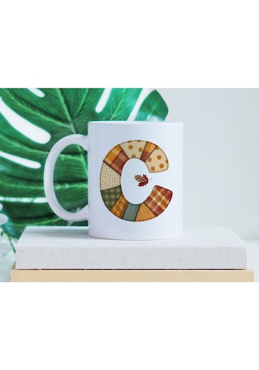 C Harfi Sonbahar Kış Temalı Yamalı Tasarım Kupa Bardak - Etnik Ve Pathwork Severlere Özel Hediye Beyaz