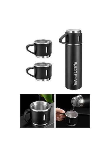 İsime Kişiye Özel Hediye 3 Bardaklı Paslanmaz Çelik Vakumlu Kahve Sıcak Soğuk Kamp Termos Seti Siyah Gri
