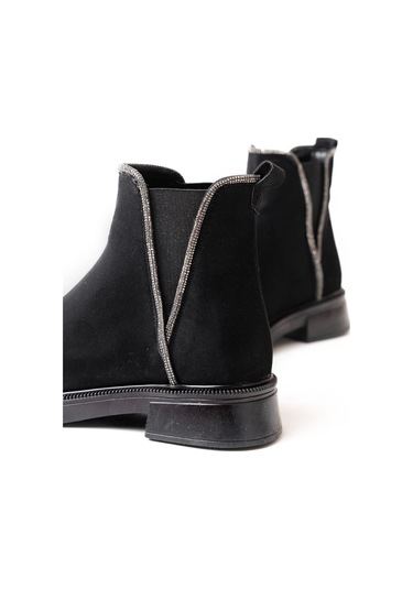 Siyah Süet Taş Aksesuarlı Lastikli Günlük Kadın Bot Siyah