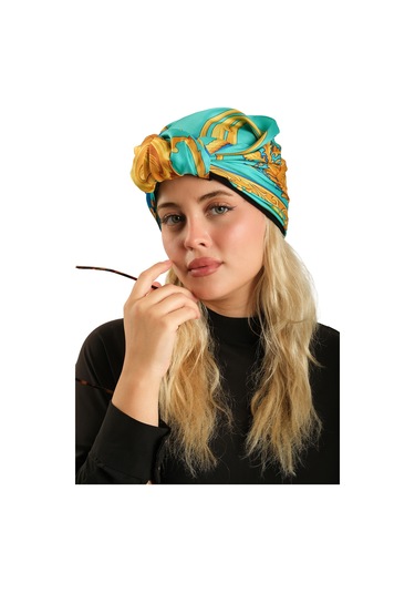 Çağla Yeşili Pratik Hazır Geçmeli Tesettür Bone İpek Desenli 2410 32 Çağla Yeşili