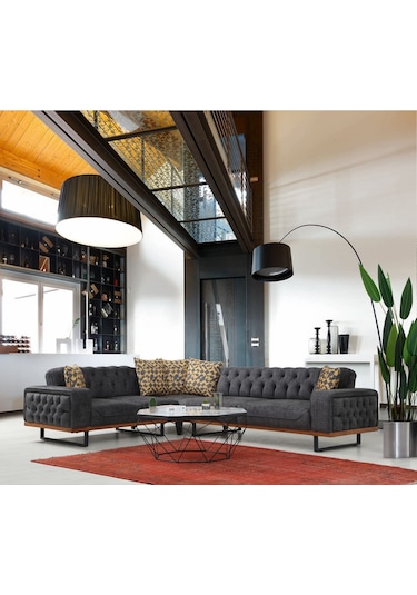 Enisa Köşe Takımı & Mekanizmalı Köşe Koltuk - Antrasit Keten Kumaş