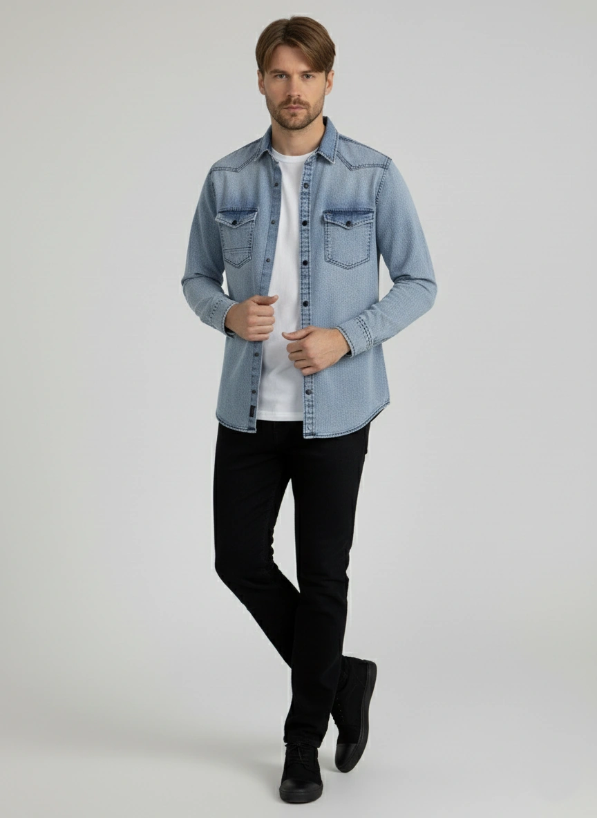 Erkek Gömlek Slim Fit Yıklamalı Kot Gömlek Mavi