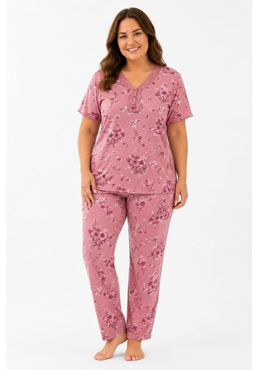 Pemilo Kadın 7932 Kısa Kol Bambu Büyük Beden Pijama Takımı GÜL KURUSU