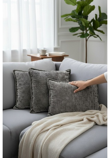 Kırlent İthal Kadife Kumaş 3'lü Set - Yumuşak Dokulu Dekoratif Özel Tasarım Kırlent Kılıfı Koyu Gri