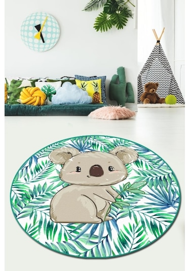 Koala Djt Yeşil Çap 200X200 Cm Yıkanabilir Çocuk Halısı Yeşil