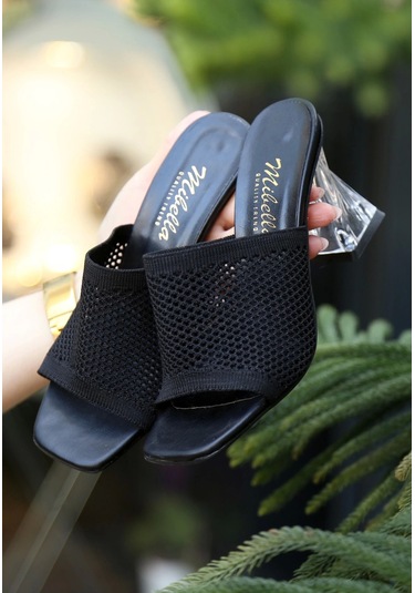 Akva Siyah Triko Şeffaf Topuklu Kadın Terlik Siyah