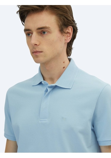 Mavi Düz Polo Yaka %100 Pamuk T-shirt Mavi