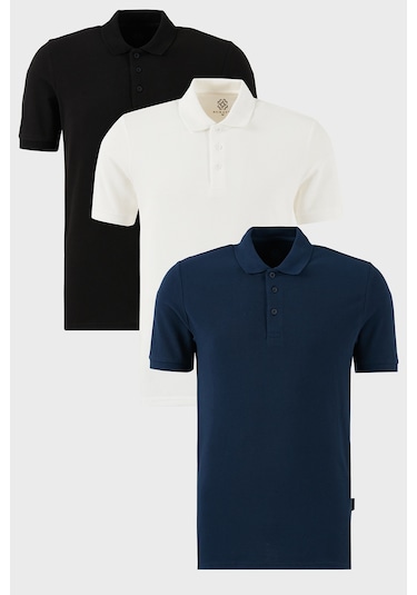Buratti Pamuklu Regular Fit Düğmeli Polo Yaka 3'Lü Paket Erkek T Shirt 5902127S3 Siyah-Beyaz-Indigo
