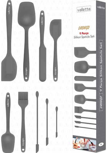 Valletta Drongo Kavanoz Sıyırıcılı Silikon Spatula Seti 9 Parça Gri